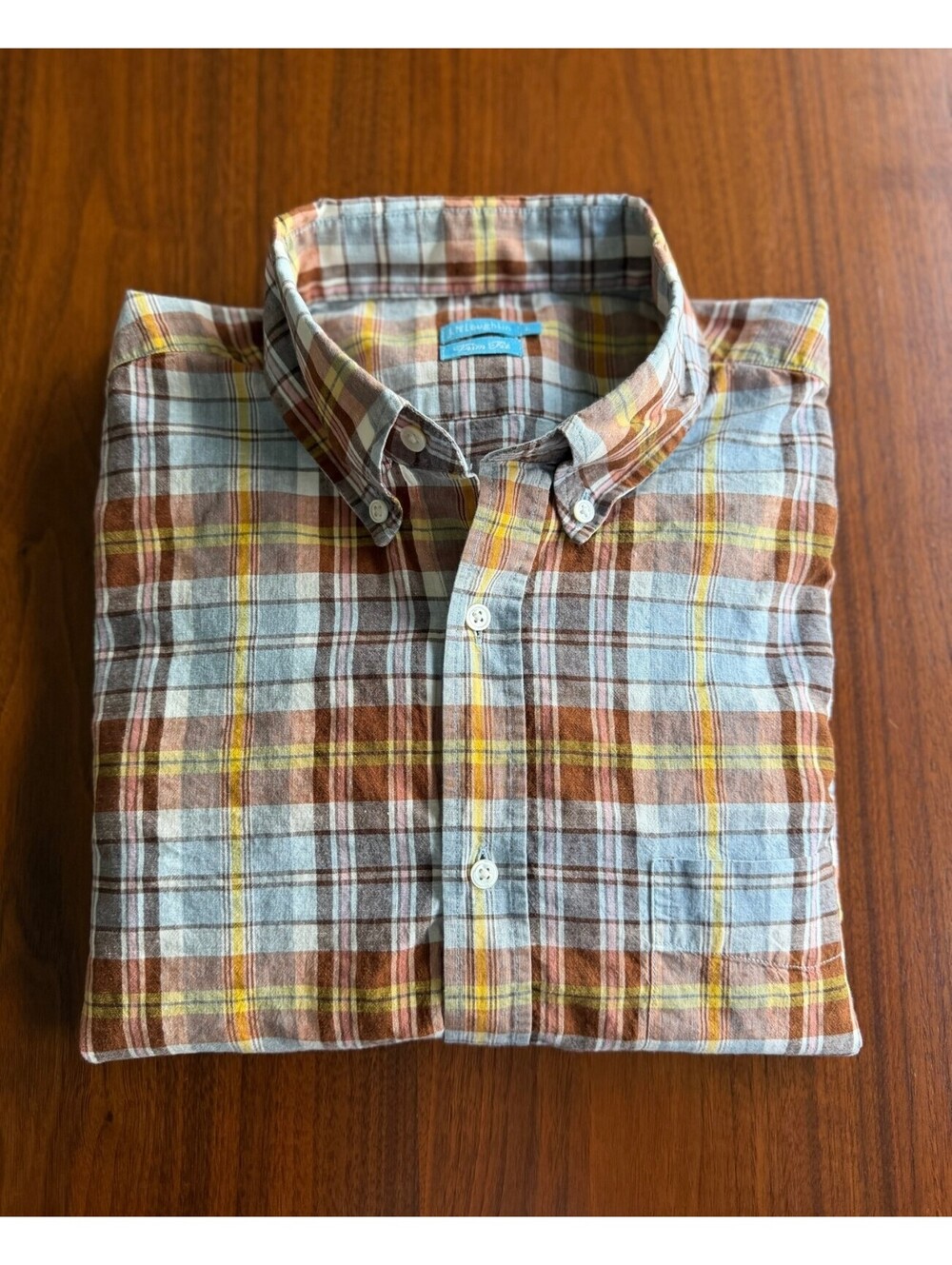 J.McLaughlin Men's Slim Fit Blue & Brown Plaid Button-Down Shirt - Size L